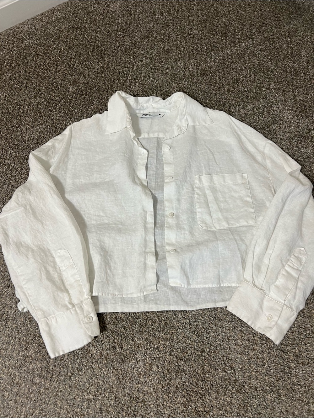 Zara White Linen cropped button down